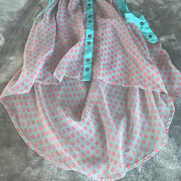 Double Zero Aqua Pink Polka Dot Sheer Blouse Hi Low Size Medium - Picture 8 of 8